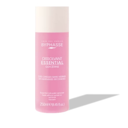 Un flacon rose de 250 ml de dissolvant Byphasse Dissolvant Professional Pour Ongles se tient debout sur un fond blanc, projetant une ombre sur la droite. Dakar
