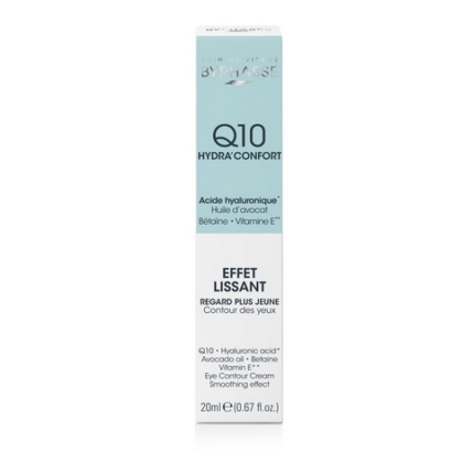 Une boîte blanche et bleu clair de BYPHASSE Gel crème lift instant Q10 contour des yeux 20 ml comporte du texte en français et en anglais, répertoriant des ingrédients tels que l'acide hyaluronique, l'huile d'avocat et la vitamine E. Le tube contient 20 ml (0,67 fl. oz.). Dakar