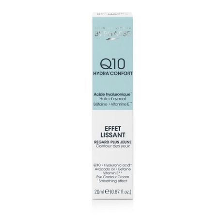 Une boîte blanche et bleu clair de BYPHASSE Gel crème lift instant Q10 contour des yeux 20 ml comporte du texte en français et en anglais, répertoriant des ingrédients tels que l'acide hyaluronique, l'huile d'avocat et la vitamine E. Le tube contient 20 ml (0,67 fl. oz.). Dakar