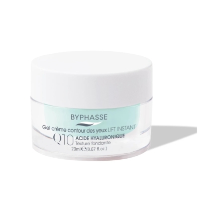 Un pot compact de BYPHASSE Gel crème lift instantané Q10 contour des yeux, avec l'inscription « Acide Hyaluronique, Texture fondante, 20 ml » sur l'étiquette. Son design élégant, avec son couvercle blanc et sa base transparente, apporte une touche élégante et rajeunissante au contour délicat de votre regard. Dakar