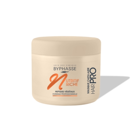 Un pot en plastique beige de BYPHASSE Masque Capillaire Nutritiv Riche Hair Pro Cheveux Secs 500 ml, avec un texte orange et noir, présenté sur un fond blanc avec une légère ombre à droite. Dakar