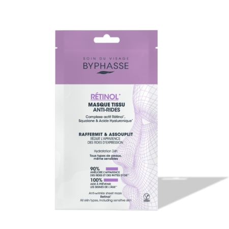 Un sachet violet et blanc contenant un masque en tissu Byphasse « Skin Booster Anti-âge » (1 pièce), enrichi en rétinol, en squalane et en acide hyaluronique pour raffermir, lisser et atténuer les rides d'expression. Dakar