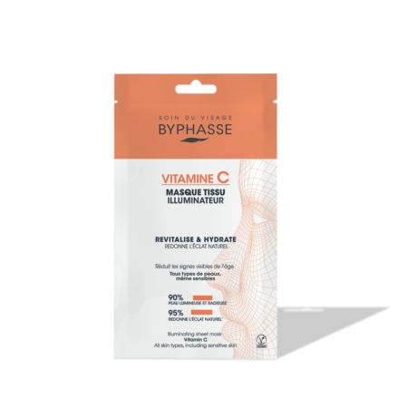 Un sachet de 1 masque en tissu « Skin Booster Illuminateur » de BYPHASSE, orné d'un motif orange et blanc, indique le nom du produit ainsi que ses bienfaits et des allégations exprimées en pourcentage concernant l'amélioration de la luminosité de la peau et l'uniformité du teint. Dakar