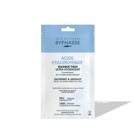 Un sachet de « Byphasse Masque Tissu Ultra Hydratant Acide Hyaluronique Skin Booster » de 18 ml, présenté dans un emballage minimaliste bleu et blanc, sur lequel figurent les informations relatives au produit en français et en anglais. Dakar