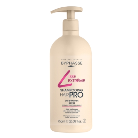 Un flacon pompe beige de BYPHASSE Shampooing Liss Extrême Hair Pro Cheveux Rebelles 750ml, avec un texte rose et noir. Dakar