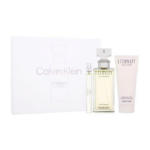 Le Coffret Cadeau pour Femme Calvin Klein Eternity comprend une boîte blanche avec un flacon de parfum minimaliste "Eternity for Women", un vaporisateur de voyage et une lotion pour le corps, le tout dans un emballage élégant. Dakar