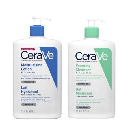 Découvrez le Duo CeraVe Format Économique Nettoyant + Lait Hydratant : une lotion hydratante pour peaux sèches à très sèches (pompe bleue) et un nettoyant moussant pour peaux normales à grasses (pompe verte). Tous deux sont sans parfum et contiennent 1 litre chacun. Dakar