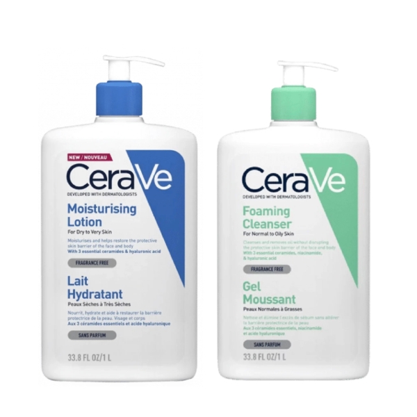 Découvrez le Duo CeraVe Format Économique Nettoyant + Lait Hydratant : une lotion hydratante pour peaux sèches à très sèches (pompe bleue) et un nettoyant moussant pour peaux normales à grasses (pompe verte). Tous deux sont sans parfum et contiennent 1 litre chacun. Dakar