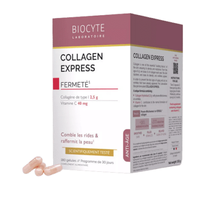 Biocyte Collagen Express Anti-âge Fermeté Boîte de supplément de 180 gélules accompagnée de capsules