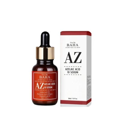 Un flacon compte-gouttes en verre brun étiqueté "Cos De Baha Sérum Acide Azélaïque Niacinamide 30 ml" se trouve à côté de sa boîte blanche et rouge, présentant la formule pour les cicatrices d'acné kystique, les rougeurs du visage, les points noirs et les boutons. Dakar
