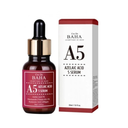 Un flacon compte-gouttes marron et une boîte blanche de Cos De Baha Sérum Acide Azélaïque 10 % Niacinamide 30 ml pour les cicatrices d'acné kystique, les rougeurs du visage et les points noirs, avec les détails du produit indiqués sur les étiquettes. Dakar