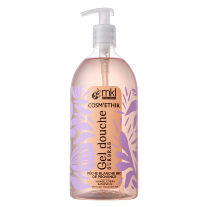 Flacon pompe transparent de gel douche MKL Gel Cosm'éthik Jasmin Bio du Maroc avec un motif floral violet sur l'étiquette.