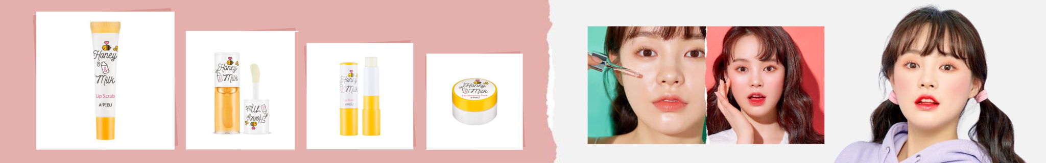 Une série de produits de soin et de maquillage à gauche, sur fond rose et blanc. À droite, deux images d'une personne à la peau claire, l'une avec du maquillage en cours d'application et l'autre avec un look fini, portant un sweat à capuche violet. Dakar