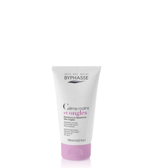 Le tube de BYPHASSE Crème mains et ongles 150 ml se présente avec un corps blanc et un bouchon rose. La marque française met en avant sa formule nourrissante, enrichie en beurre de karité et glycérine, spécialement conçue pour les peaux sèches et contenant 150 ml. Dakar
