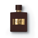 Flacon de parfum rectangulaire marron foncé avec une étiquette dorée indiquant "MAUBOUSSIN Cristal Oud L'Eau de Parfum 100 ml" et un bouchon marron assorti