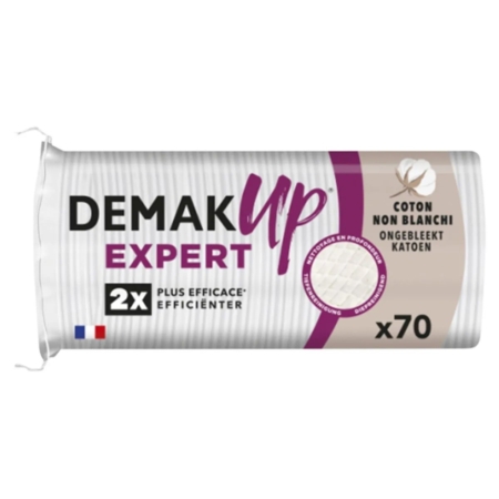 Un paquet de Demak'Up Tampons de Coton Démaquillant contient 60 tampons en coton non blanchi. L'emballage blanc avec des accents violets et un texte en français met l'accent sur l'efficacité et le coton naturel non blanchi. Dakar