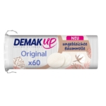 Demak'Up Tampons de Coton Démaquillant 60 pièces se présente dans un emballage blanc avec des accents beiges, montrant le nom du produit et des images de tampons de coton ronds. Contient 60 tampons de coton non blanchis pour le démaquillage. Dakar