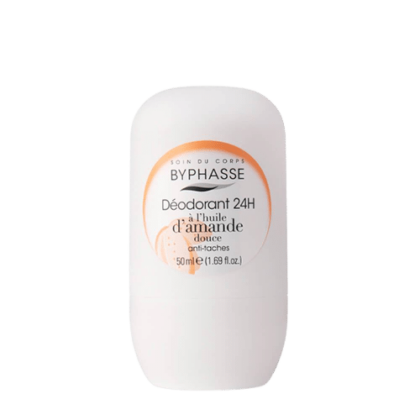 Un flacon de déodorant roll-on blanc orné d'une étiquette orange, qui capture l'énergie vibrante de Dakar. L'étiquette affiche « BYPHASSE Déodorant Femme 24H à l'huile d'amande douce », d'un volume de 50 ml (1,69 fl oz), infusant une touche de l'essence du Sénégal dans votre routine quotidienne. Dakar