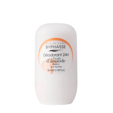 Un flacon de déodorant roll-on blanc orné d'une étiquette orange, qui capture l'énergie vibrante de Dakar. L'étiquette affiche « BYPHASSE Déodorant Femme 24H à l'huile d'amande douce », d'un volume de 50 ml (1,69 fl oz), infusant une touche de l'essence du Sénégal dans votre routine quotidienne. Dakar