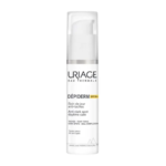 Un flacon de URIAGE DÉPIDERM SOIN DE JOUR SPF50+ ANTI TACHES 30 ml avec texte en français et en anglais.