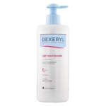 Le flacon pompe blanc de Dexeryl Essentiel Lait Riche Nourrissant 500 ml, avec un texte bleu et rouge sur l'étiquette et un bouchon pompe bleu, est conçu pour le soin des peaux sèches. Dakar