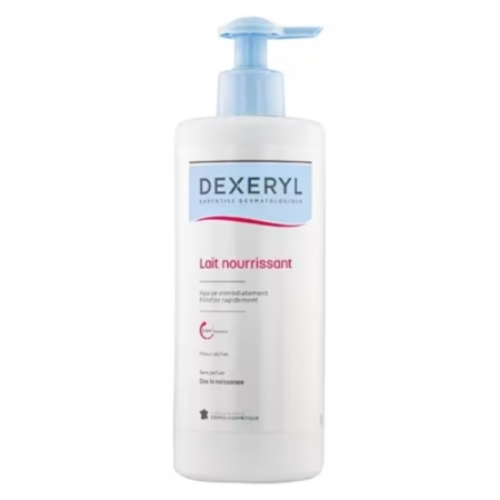 Le flacon pompe blanc de Dexeryl Essentiel Lait Riche Nourrissant 500 ml, avec un texte bleu et rouge sur l'étiquette et un bouchon pompe bleu, est conçu pour le soin des peaux sèches. Dakar