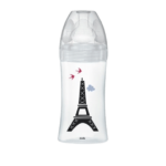 Un DODIE BIBERON VERRE PARIS 270ML orné d'un dessin de la Tour Eiffel et de deux oiseaux dessus