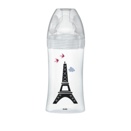 Un DODIE BIBERON VERRE PARIS 270ML orné d'un dessin de la Tour Eiffel et de deux oiseaux dessus