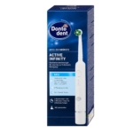 Boîte bleue et blanche de la brosse à dents Dontodent Active Professional Pure Brosse à Dents Électrique 1 pièce, présentant la brosse à dents et un texte sur ses caractéristiques telles que 2 têtes de brossage, un minuteur et la technologie d'oscillation. Dakar