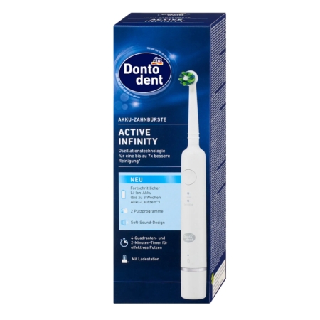 Boîte bleue et blanche de la brosse à dents Dontodent Active Professional Pure Brosse à Dents Électrique 1 pièce, présentant la brosse à dents et un texte sur ses caractéristiques telles que 2 têtes de brossage, un minuteur et la technologie d'oscillation. Dakar