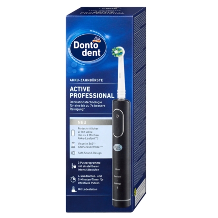Une boîte de DontoDent Brosse à Dents Électrique Active 1 pièce contenant une brosse à dents électrique noire avec une tête de brosse ronde et des fonctions de nettoyage avancées est détaillée sur l'emballage. Dakar