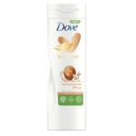 Un flacon blanc de Dove Shea Butter Lotion De Corps Beurre De Karité 400ml avec un parfum de vanille. L'étiquette comporte un cœur en or, des icônes "vegan" et "eco-friendly", ainsi qu'un texte en allemand décrivant cette lotion corporelle nourrissante. Dakar