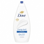 Un flacon blanc de gel douche nourrissant et hydratant DOVE de 450 ml, avec un lettrage doré et bleu, un logo DOVE doré, une mention « 0 % Sulfat SLES », un bouchon bleu et un étiquetage en allemand. Dakar