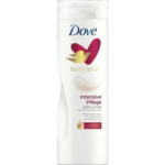 Flacon blanc de 400 ml du lait de corps Dove Intensive Repair Lait de Corps pour les peaux très sèches, avec un logo en forme de cœur rouge et or, du céramide, un texte en allemand et l'étiquette Body Love Intensive Pflege. Dakar