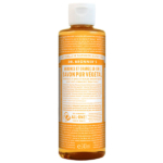 Le flacon de 240 ml de Savon Naturel 18 en 1 Agrume Orange du Dr Bronner's présente une étiquette orange avec un texte blanc détaillant les ingrédients et le logo de la marque. Dakar