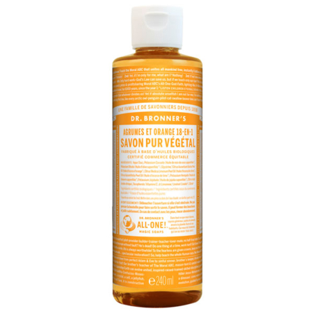 Le flacon de 240 ml de Savon Naturel 18 en 1 Agrume Orange du Dr Bronner's présente une étiquette orange avec un texte blanc détaillant les ingrédients et le logo de la marque. Dakar