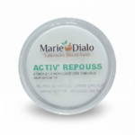 Contenant rond de Dr Marie Diallo Laboratoires Pommade Activ Repouss Au Beurre de Mangue et Crème D'avocat 100 ml, avec texte en français et en anglais, mettant en valeur le beurre de mangue et la crème d'avocat, sur fond blanc. Dakar