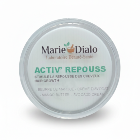 Contenant rond de Dr Marie Diallo Laboratoires Pommade Activ Repouss Au Beurre de Mangue et Crème D'avocat 100 ml, avec texte en français et en anglais, mettant en valeur le beurre de mangue et la crème d'avocat, sur fond blanc. Dakar