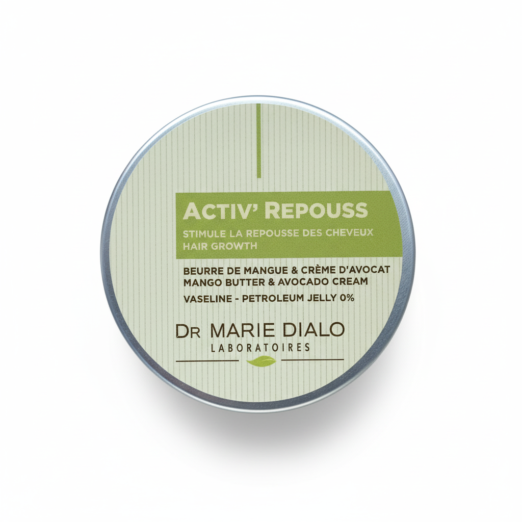 Boite ronde de Dr Marie Diallo Laboratoires POMMADE ACTIV REPOUSS Au Beurre de Mangue & Créme D'avocat 100ml, une crème de croissance capillaire au beurre de mangue et à la crème d'avocat, labellisée 0% gelée de pétrole. Dakar