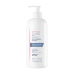 Flacon pompe de 400 ml de Lait Corps Hydratant Ducray Ictyane aux actifs nourrissants. Le flacon blanc est orné d'un texte bleu et rouge, indiquant qu'il est destiné aux peaux normales à sèches. L'étiquette est en français et en anglais. Dakar