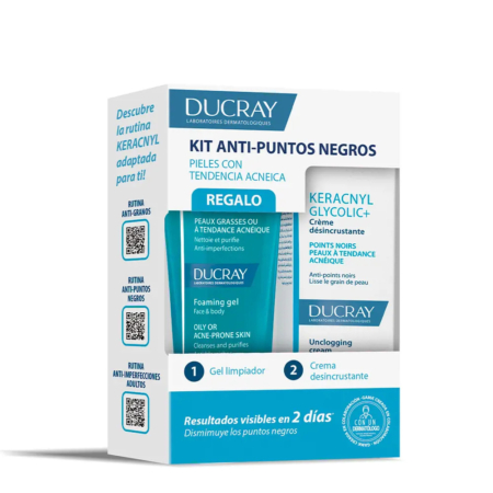 Ducray Keracnyl Coffret Anti Points Noirs et Imperfections Peaux A Tendance Acnéique : comprend un gel nettoyant et Pp Crème Apaisante pour les peaux à tendance acnéique. L'emballage met en évidence les résultats visibles en 2 jours avec des informations en espagnol. Dakar