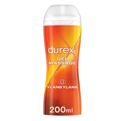 Un flacon de Gel lubrifiant et Massage Ylang Ylang de Durex, 200 ml. L'emballage est orange avec un bouchon blanc, avec un texte et un symbole de goutte. Parfait pour ajouter une touche d'exotisme sénégalais à vos moments intimes, infusé de l'essence apaisante qui rappelle les nuits de Dakar. Dakar