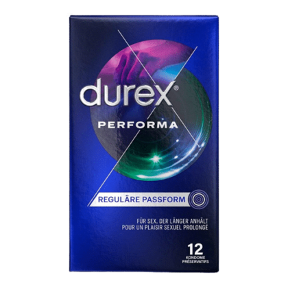 Durex Performa avec Gel Légèrement Anesthésiant Boite de 12 avec texte en plusieurs langues