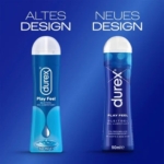 Deux bouteilles de DUREX Gel Lubrifiant Play FEEL 50 ml sont présentées côte à côte : celle de gauche, étiquetée « Altes Design », a un aspect arrondi, tandis que celle de droite, « Neues Design », est plus haute avec une marque mise à jour, mettant en valeur l'emballage rafraîchi. Dakar