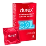 La boîte de 8 préservatifs Durex Extra Large arbore un design rouge, avec les inscriptions « Gefühlsecht Extra Gross » et « Großes Passform », ainsi qu'un « XXL » fluo. Un seul paquet de préservatifs rouges est représenté. La boîte contient 8 préservatifs, privilégiant confort et sécurité. Dakar