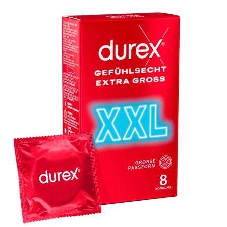 La boîte de 8 préservatifs Durex Extra Large arbore un design rouge, avec les inscriptions « Gefühlsecht Extra Gross » et « Großes Passform », ainsi qu'un « XXL » fluo. Un seul paquet de préservatifs rouges est représenté. La boîte contient 8 préservatifs, privilégiant confort et sécurité. Dakar