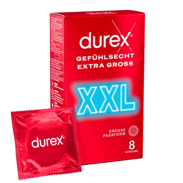 La boîte de 8 préservatifs Durex Extra Large arbore un design rouge, avec les inscriptions « Gefühlsecht Extra Gross » et « Großes Passform », ainsi qu'un « XXL » fluo. Un seul paquet de préservatifs rouges est représenté. La boîte contient 8 préservatifs, privilégiant confort et sécurité. Dakar
