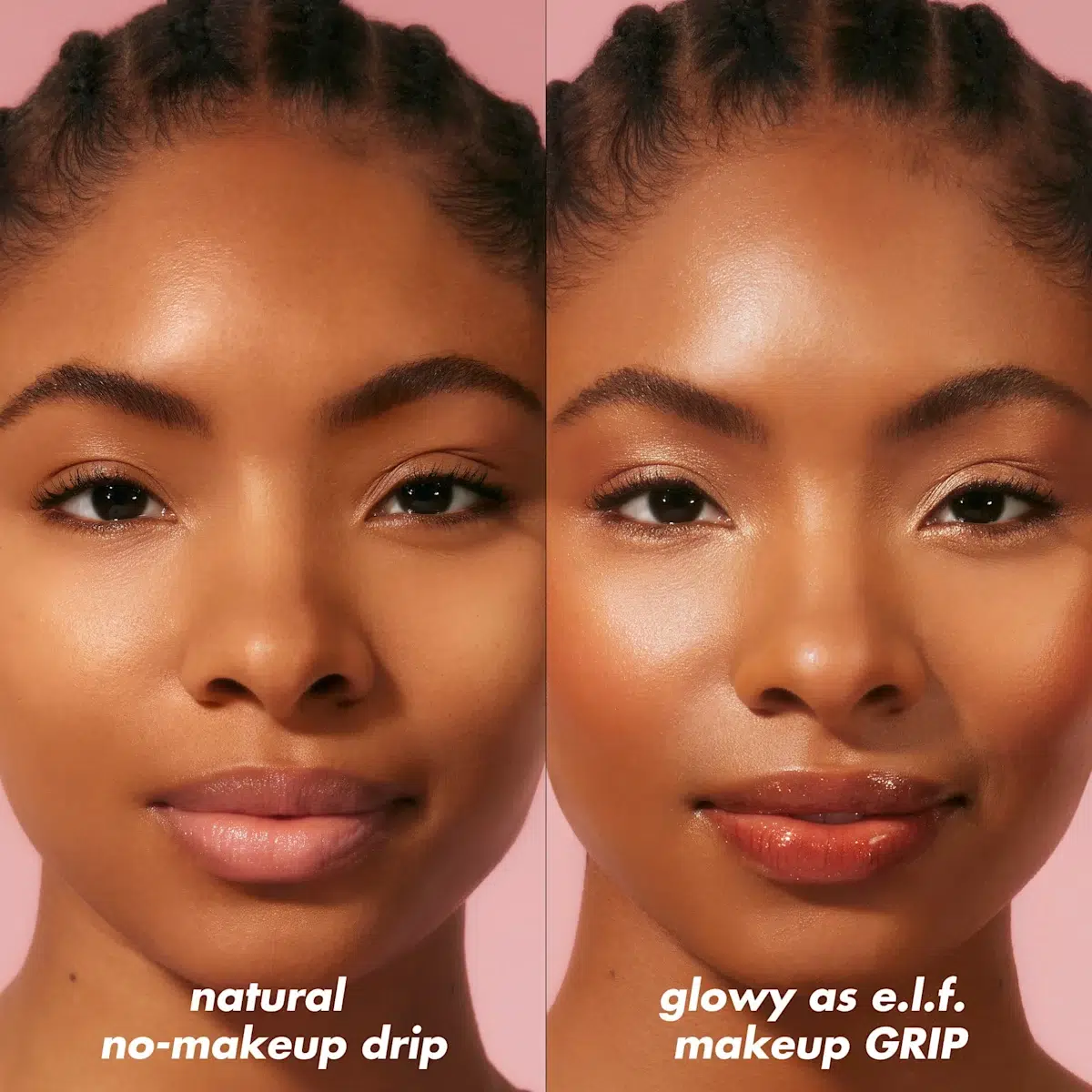Image divisée : le côté gauche montre le visage d'une femme avec un look naturel étiqueté "natural no-makeup drip" ; le côté droit est rosé et rayonnant, étiqueté "glowy as Elf Base de Maquillage à Base de Gel Power Grip 24 ml". Dakar