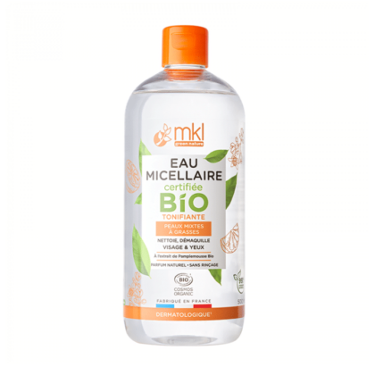 Un flacon de MKL Eau micellaire Vitaminée certifiée BIO - 500 ml avec une étiquette verte et orange