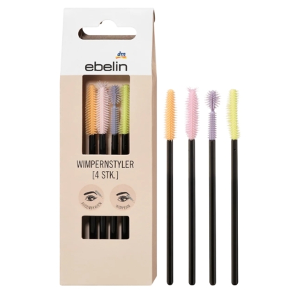 Un ensemble de quatre stylos à cils Ebelin Brosse Coiffante Pour Cils 1 set, chacun avec un manche noir et une brosse pastel (jaune, orange, rose, violet), présentés à la fois dans leur emballage et disposés côte à côte à l'extérieur. Dakar